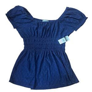 NWT • Women's Blue Smocked Babydoll Eyelet Top